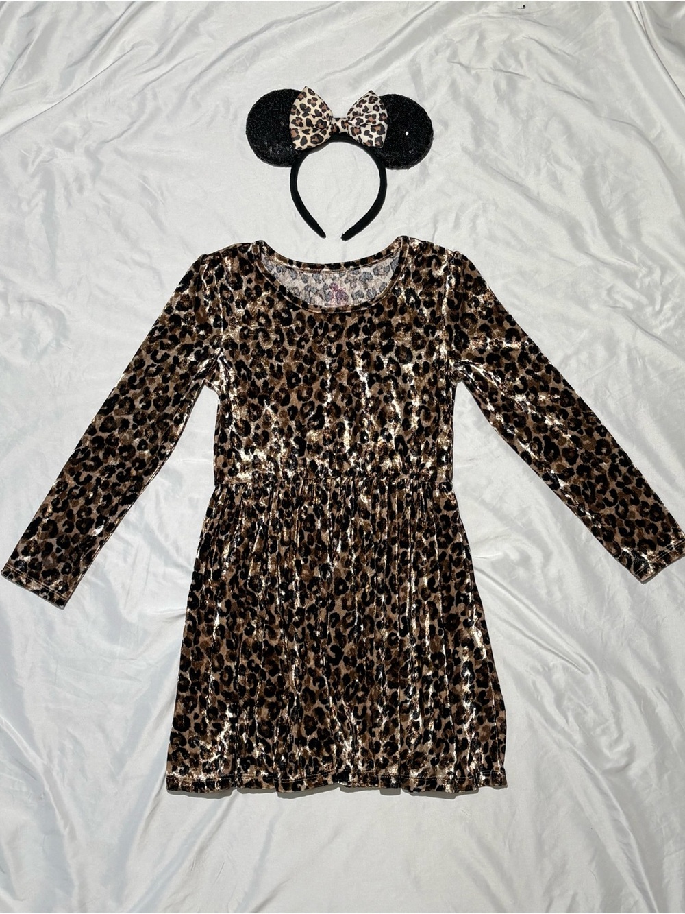 Girls Leopard Mouse Costume Dress & Sequin Ears Headband Size 10/12 Halloween